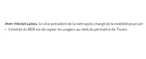 Concernant le périmètre, on hésite entre malhonnêteté et méconnaissance. On parle ici bien de RER et non TER, qui desserviraient des villes comme Colomiers, Brax, Pibrac, Montrabé, St-Jory, Baziège, Muret, Labège, soit des villes qui sont dans le périmètre Tisséo!