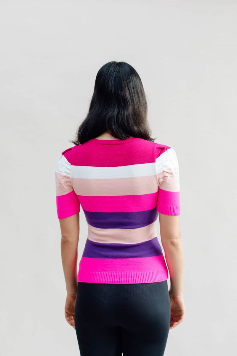 _westcarolina's tweet photo. A boat-neck, colour blocked, striped jumper top, and short sleeves with ruched detail. Edgy statement sleeves, bright coloured, hot pink and multi-coloured striped top.
Shop our Laila Top 👉  https://t.co/BI58B268j4 https://t.co/wyN343Jy4B
