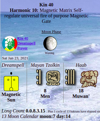 Tex369X's tweet photo. Saturday 1.23.2021 - #Kin40
Long Count 0.0.8.3.15
moon:7 day:14

#YELLOWMAGNETICSUN 
Earth family- Polar      Clan- Fire

I unify in order to enlighten
Attracting life
I seal the matrix of universal fire
With the Magnetic tone of purpose
I am guided by my own power doubled https://t.co/XLgJS4UshB