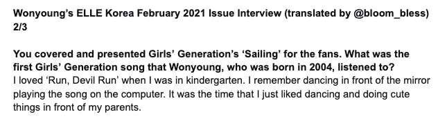 Wonyoung being a sone when she was in kindergarten  [Wonyoung's ELLE February 2021 issue interview] cr.bloom_bless #snsd  #izone  #girlsgeneration  #soshizone