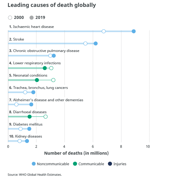 According to WHO these are the leading causes of death worldwide. Pretty much anyone can guess the top 1: heart attack  https://www.who.int/news-room/fact-sheets/detail/the-top-10-causes-of-death