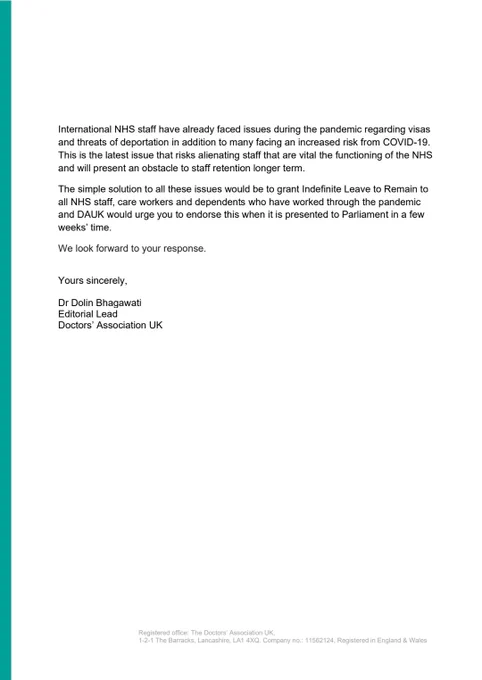 “Vaccines for coronavirus will be offered to every adult living in the UK free of charge, regardless of immigration status.” This is clearly not the case and the denial of the experience of frontline staff cannot be allowed to continue. 

Administrative issues cannot be used as an excuse to deny staff vaccination. Doing so puts their lives in danger, risks increasing staff sickness and hampering hospital staffing levels. 

International NHS staff have already faced issues during the pandemic regarding visas and threats of deportation in addition to many facing an increased risk from COVID-19. This is the latest issue that risks alienating staff that are vital the functioning of the NHS and will present an obstacle to staff retention longer term. 

The simple solution to all these issues would be to grant Indefinite Leave to Remain to all NHS staff, care workers and dependents who have worked through the pandemic and DAUK would urge you to endorse this when it is presented to parliamen