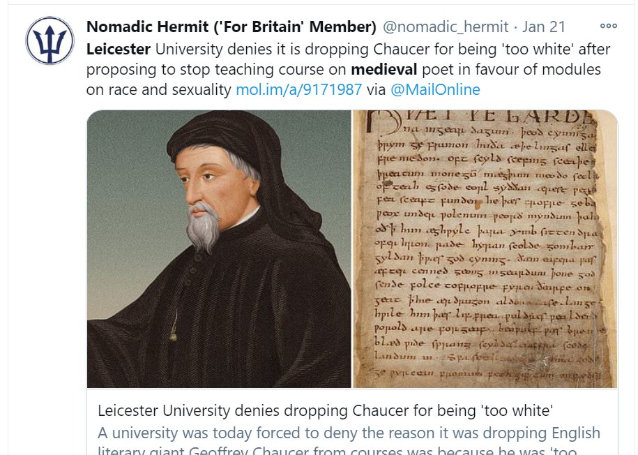 When we in  #MedievalTwitter talk about the University of Leicester's decision to cut medieval studies and preserve race/gender/sexuality courses, we need to be REALLY careful about it, because the UK right-wing is framing this issue as "woke" attacks on "traditional lit."