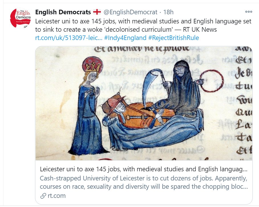 When we in  #MedievalTwitter talk about the University of Leicester's decision to cut medieval studies and preserve race/gender/sexuality courses, we need to be REALLY careful about it, because the UK right-wing is framing this issue as "woke" attacks on "traditional lit."