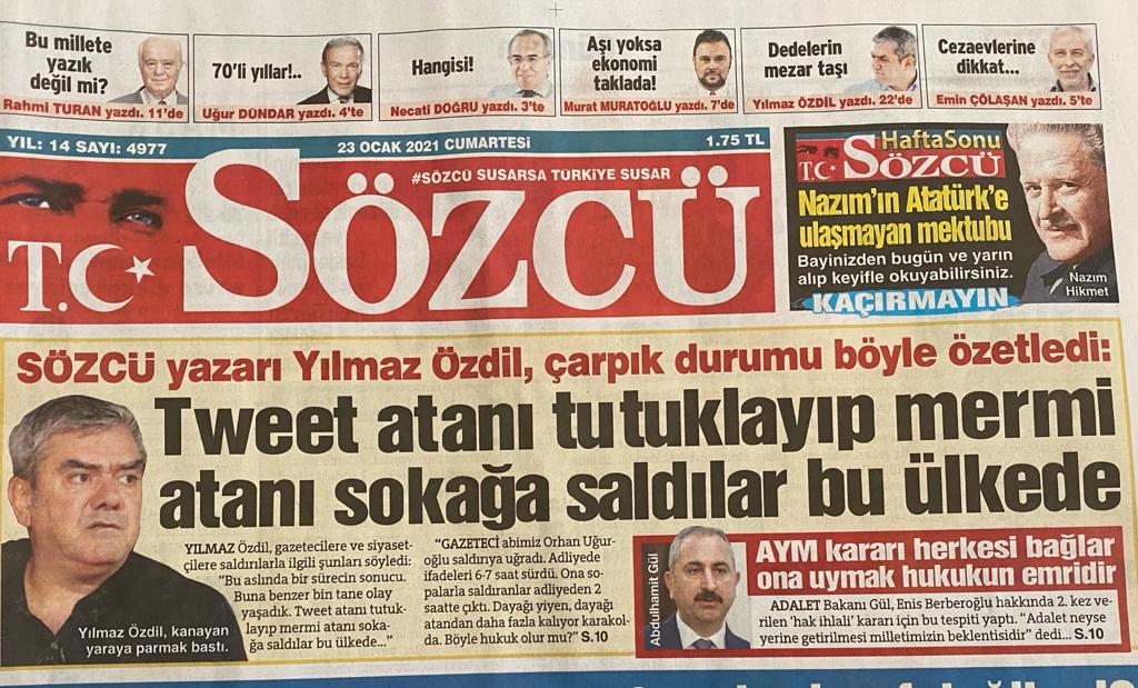 Değerli meslektaşım, kardeşim Yılmaz Özdil bana yapılan saldırıyı değerlendirdi,

İlk günden bu yana haber ve köşe yazarlarının yorumları ile yanımda olan Sözcü Gazetesi de manşet yaptı...

Teşekkürler <a href="/gazetesozcu/">Sözcü</a> Teşekkürler Yılmaz Özdil
<a href="/Gazete_Yenicag/">Yeniçağ</a> <a href="/yenicag_tv/">Yeniçağ TV</a>