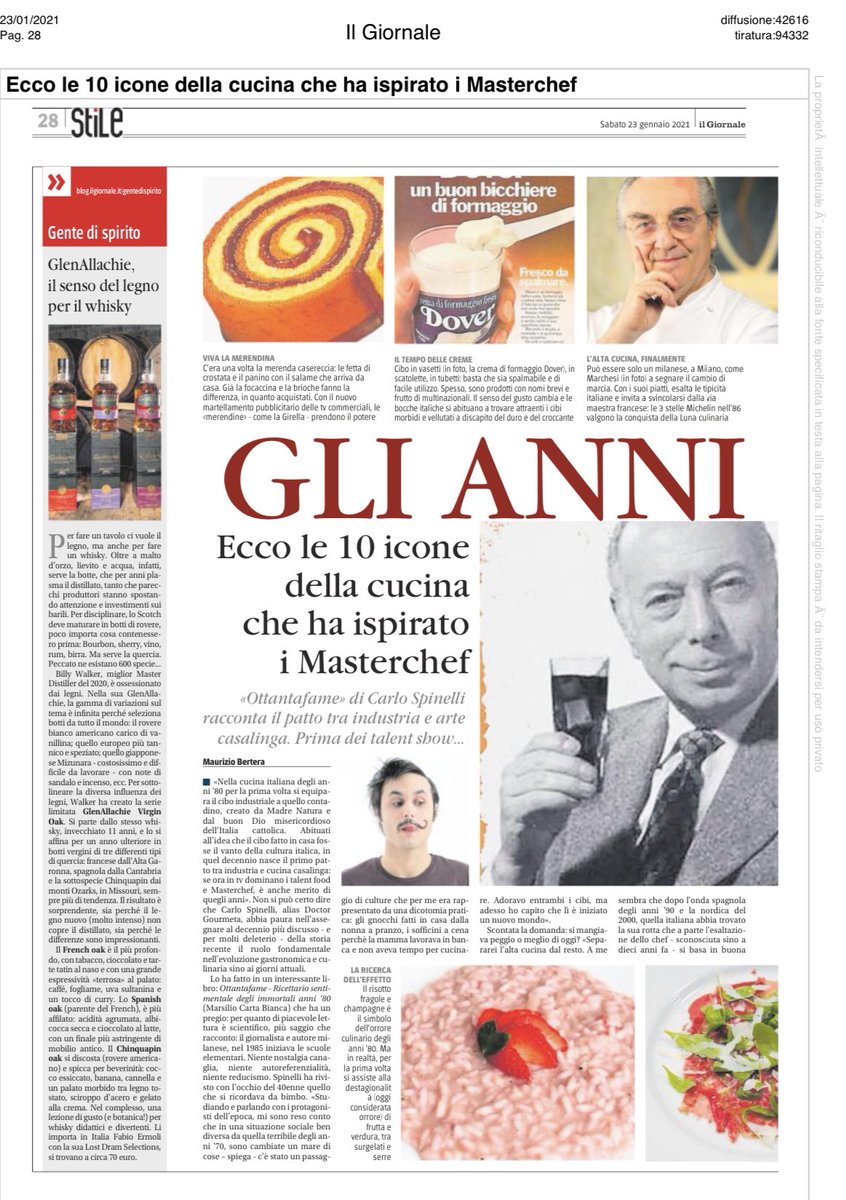 carlo_spinelli's tweet photo. Oggi il Silvione nazionale si รจ divertito molto a leggere su @ilgiornale in edicola come si mangiava negli anni โ80. La decade dei contrasti in cucina: Girella e Gualtiero Marchesi, fast food e vegetarianesimo, Sofficini e SlowFood.. Comunque cโรจ tutto nel libro #Ottantafame..๐ https://t.co/07icFpkGaM