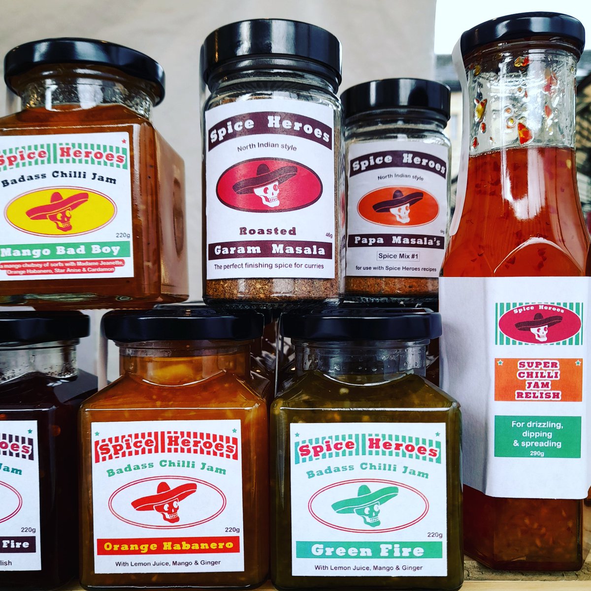 Loads of hot sauce, chilli jam and spice mixes available from the <a href="/spice_heroes/">Spice Heroes</a>  stall at Hebden Bridge Market right now!! <a href="/Calderdalemkts/">Calderdale Markets</a> #HebdenBridge