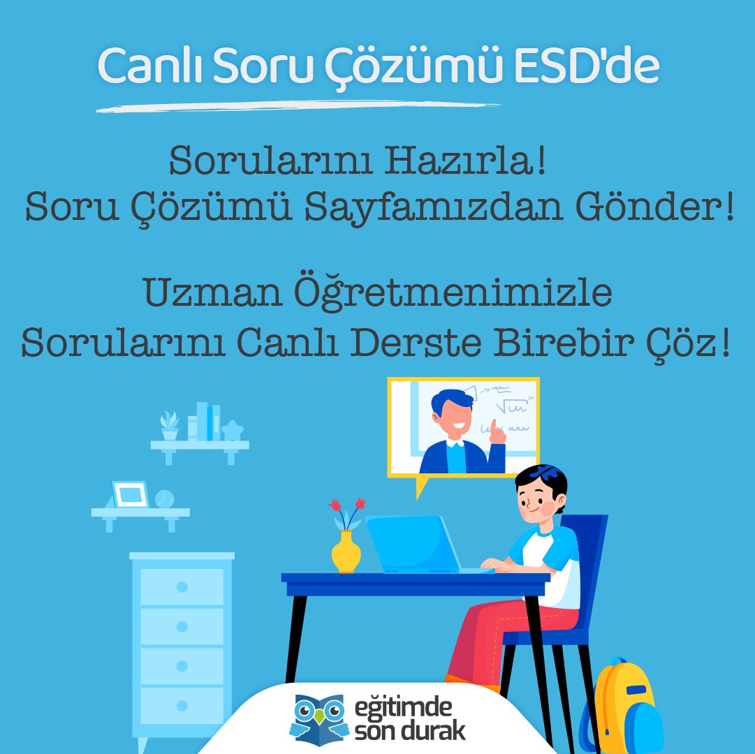 Canlı soru çözümü ESD’de! 🤗📚

Alanında uzman yeni nesil öğretmenlerimizle tüm sorularınızın cevapları çok kolay!

Sorularını hazırla, fotoğrafla, siteden gönder gelsin! 👍😀

#egitimdesondurak #onlineeğitim #uzaktaneğitim #canlıders #esd