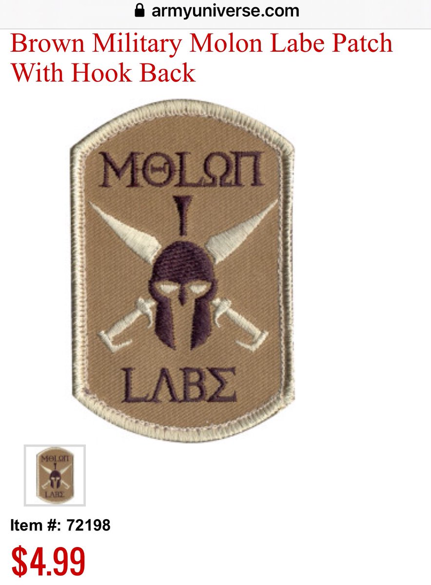 We have a match! Molon Labe patch on Magnolia’s arm has a Spartan helmet with swords crossing. Molon on top. Labe on bottom.Found at Army Universe. https://www.armyuniverse.com/brown-military-molon-labe-patch-with-hook-back.html