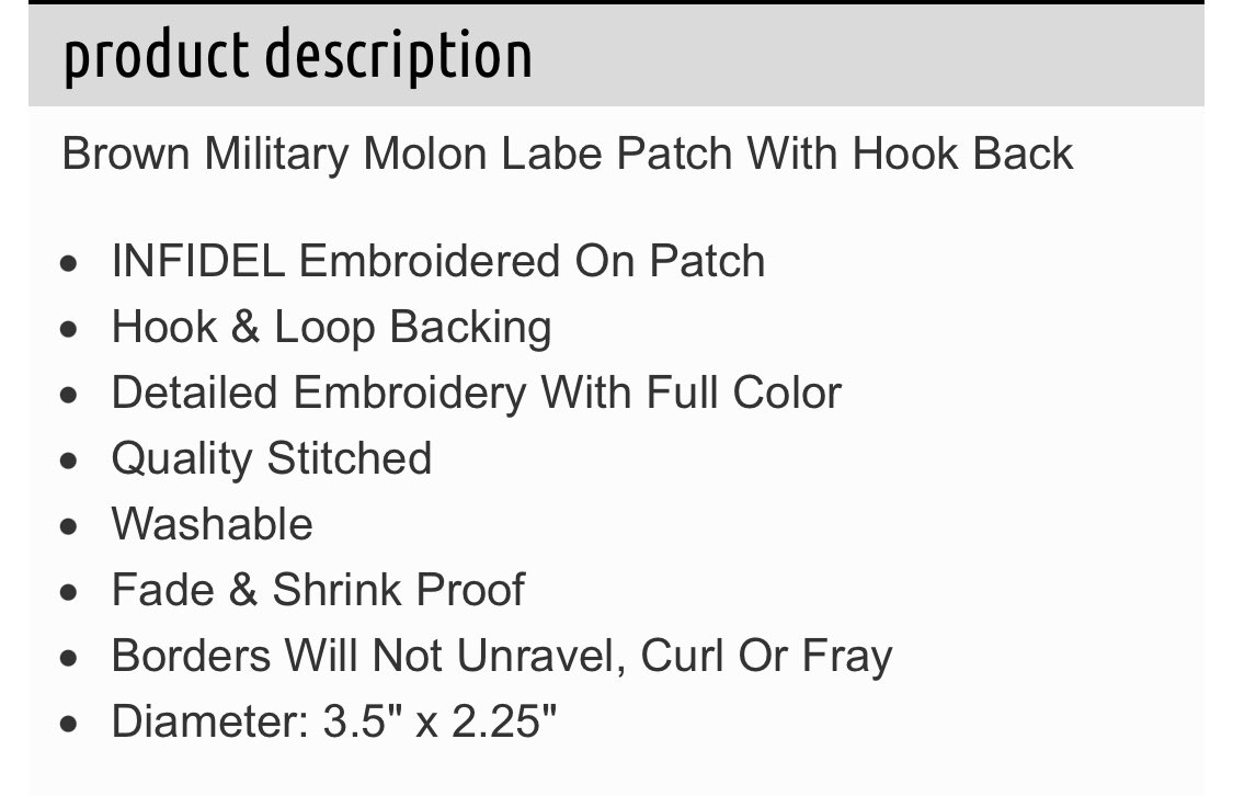 We have a match! Molon Labe patch on Magnolia’s arm has a Spartan helmet with swords crossing. Molon on top. Labe on bottom.Found at Army Universe. https://www.armyuniverse.com/brown-military-molon-labe-patch-with-hook-back.html