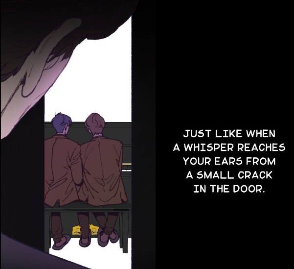 we have a small understanding of what he's feeling before he heads off to his grandfather's house. The panels show him playing the piano with his boyfriend and his dad catching them being affectionate with each other. You can already tell from his expression that he isn't happy.