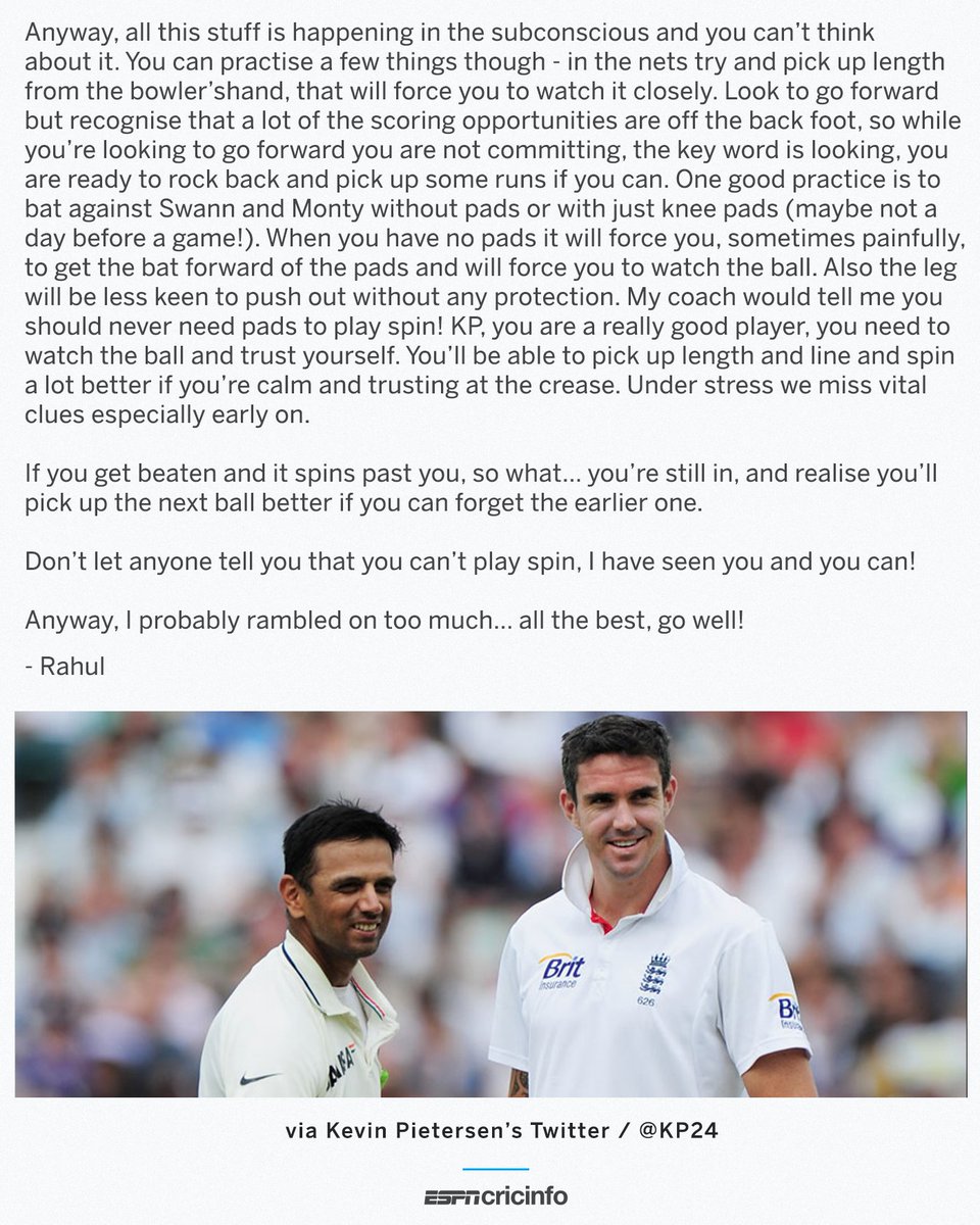 cricinfo's tweet photo. With England’s openers struggling against spin in Galle, @KP24 shares a letter of advice he received from Rahul Dravid 🤩 https://t.co/OjMdE3pPfE