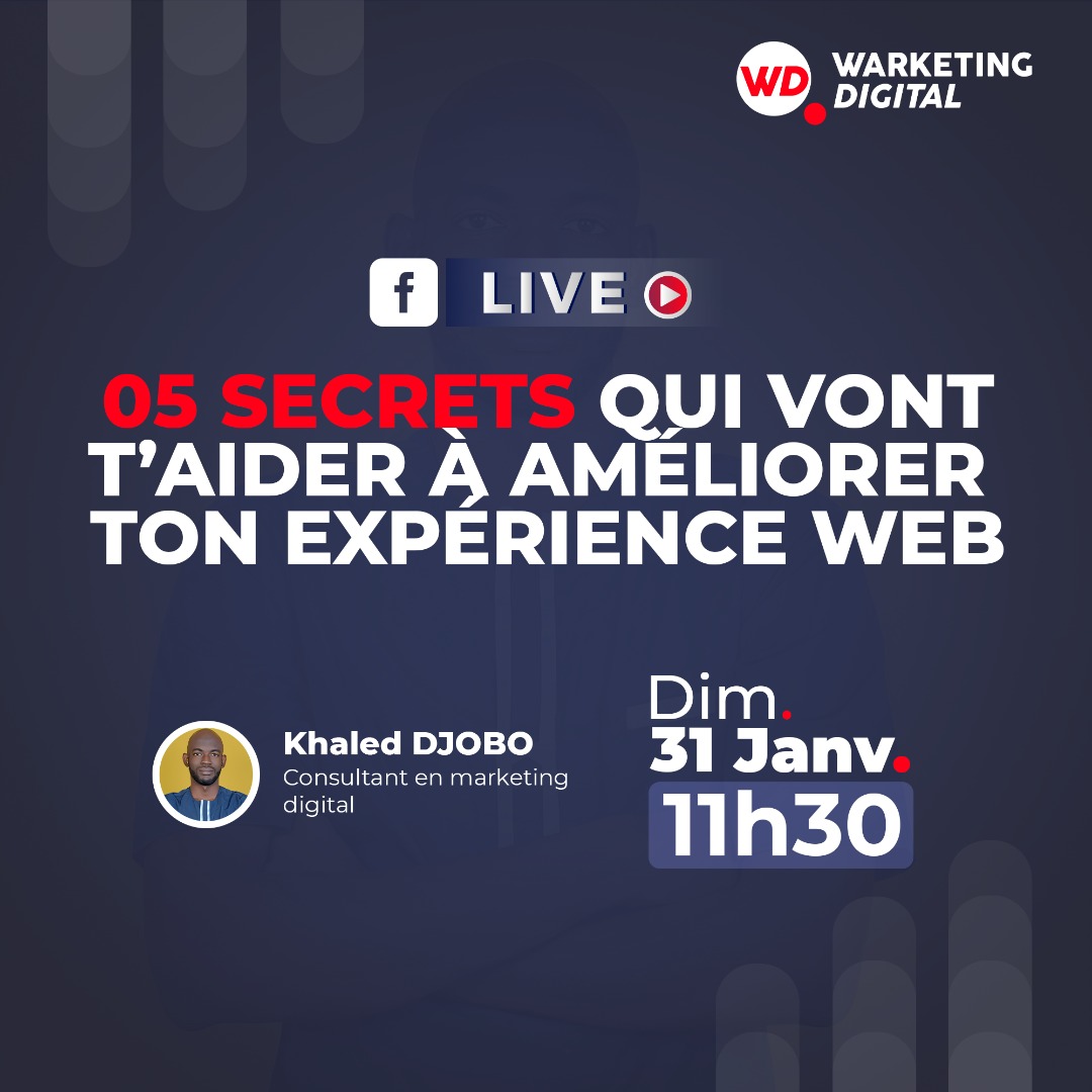 Khaled_Djobo's tweet photo. Ces 05 secrets que j'aurai à partager avec vous dans ce prochain live, vous permettront de gagner en temps sur Internet.

Rendez-vous le 31 Janvier 2021 à 11h30 sur la page Facebook de Warketing Digital https://t.co/gqWZ9QBWyz