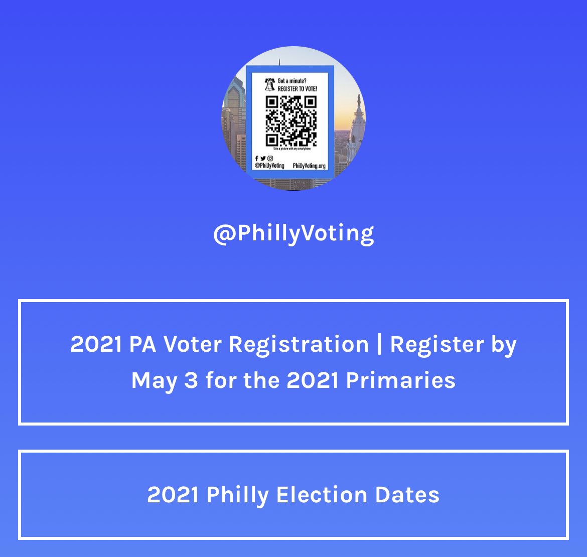 PhillyVoting's tweet photo. New year, new links! Check out https://t.co/6qhW6B7yk0 for one-stop voter registration info for the May 18, 2021 primaries and more! #PhillyVoting https://t.co/WvSy9WduVu
