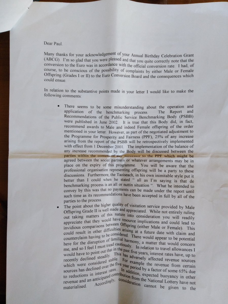 pnolan99's tweet photo. Dad had a clever sense of humour. Still love this email exchange regarding our standard birthday cheque of £100 which he changed to €126.7 when we adopted the euro.
The older brother got €150 a few months previous.
His career in the civil service is obvious in his response. https://t.co/zFf4aGjtW4