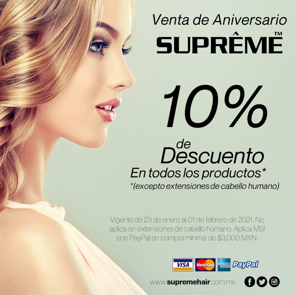 SupremeHairMEX's tweet photo. En @SupremeHairMEX estamos de fiesta, celebramos el aniversario de nuestra sucursal Guadalajara con un 10% de descuento en todos nuestros productos* del 23 de enero al 01 de febrero 2021. #SupremeHairMexico https://t.co/U2HFwt2gih