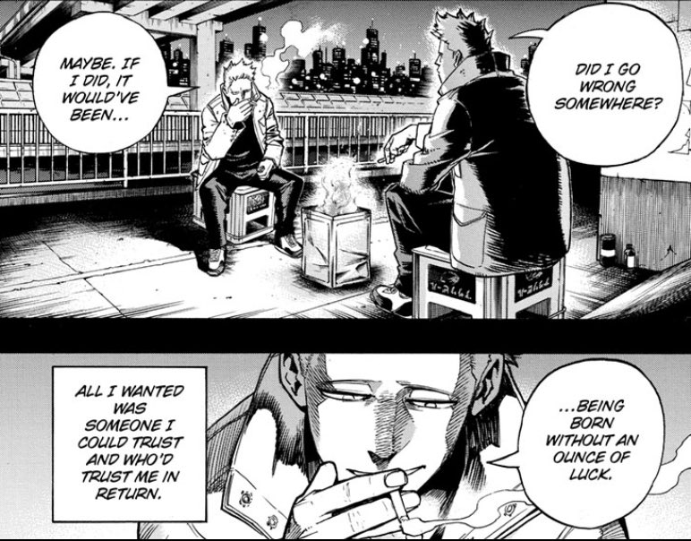 The Unlucky:Twice is a man who was on the track to villainy with the way society dealt him his bad hand. His parents died to a villain attack and one car crash got him to legitimately end up alone. No one tried to understand all they did was kick him aside.  #JUSTICEFORDEKU