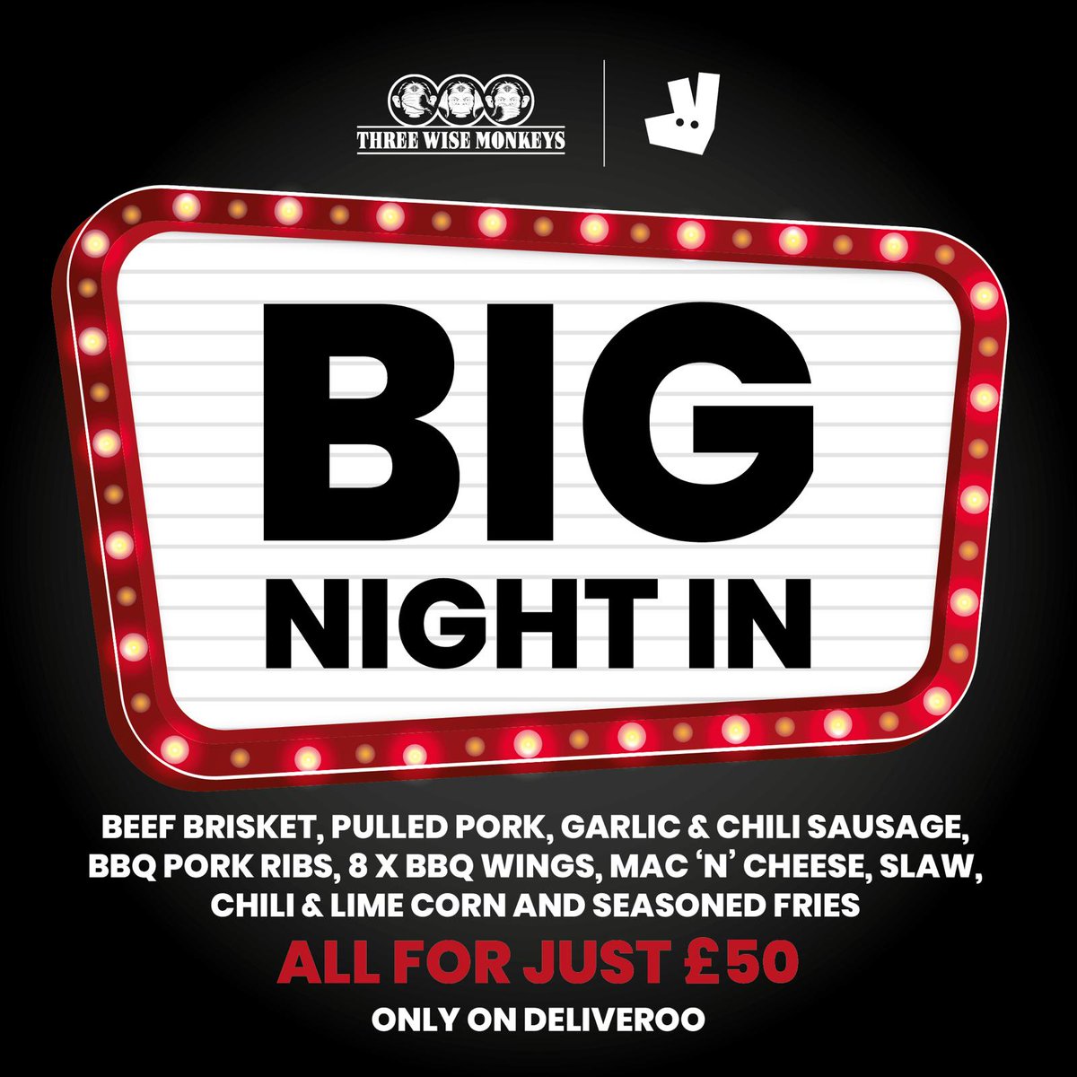 No chance of a Big Night Out for a while yet, but here's the next best thing, TWM's BIG NIGHT IN. 
Available right now via Deliveroo.
threewisemonkeysipswich.com/deliveroo/ 
#deliveroo #fooddelivery #dinner #orderfood #bignightin  #ipswich