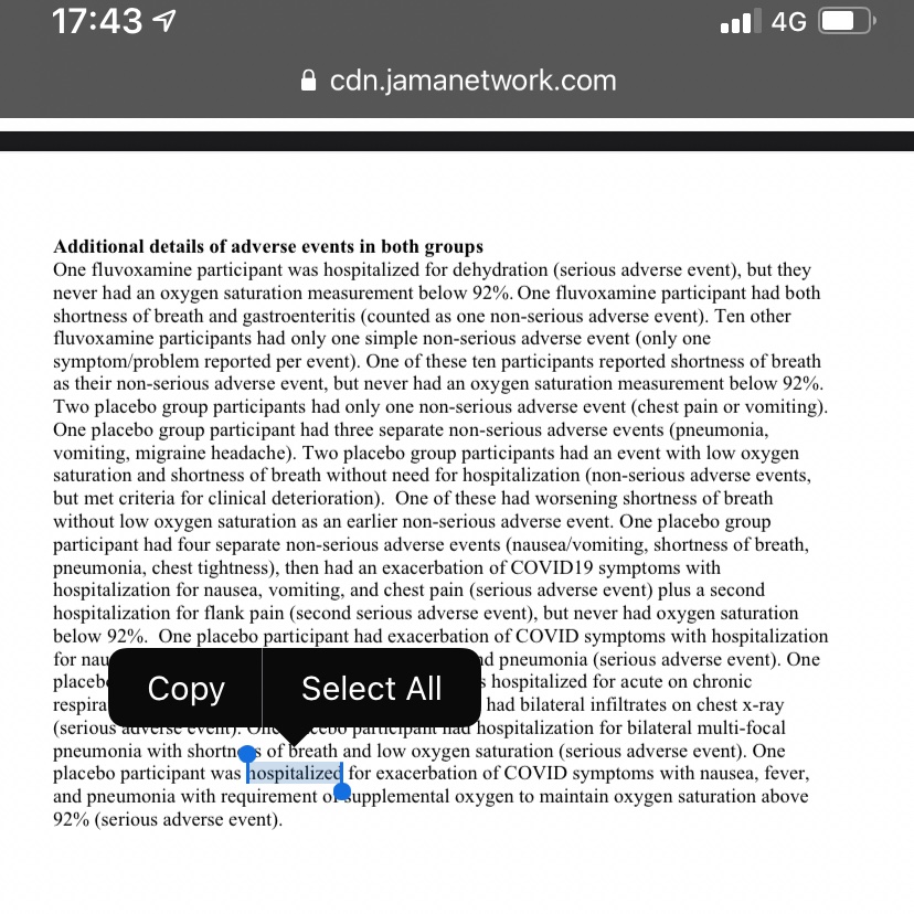 So then the adverse events in fluvoxamine arm. They still get SoB btw just no sats less than 92.