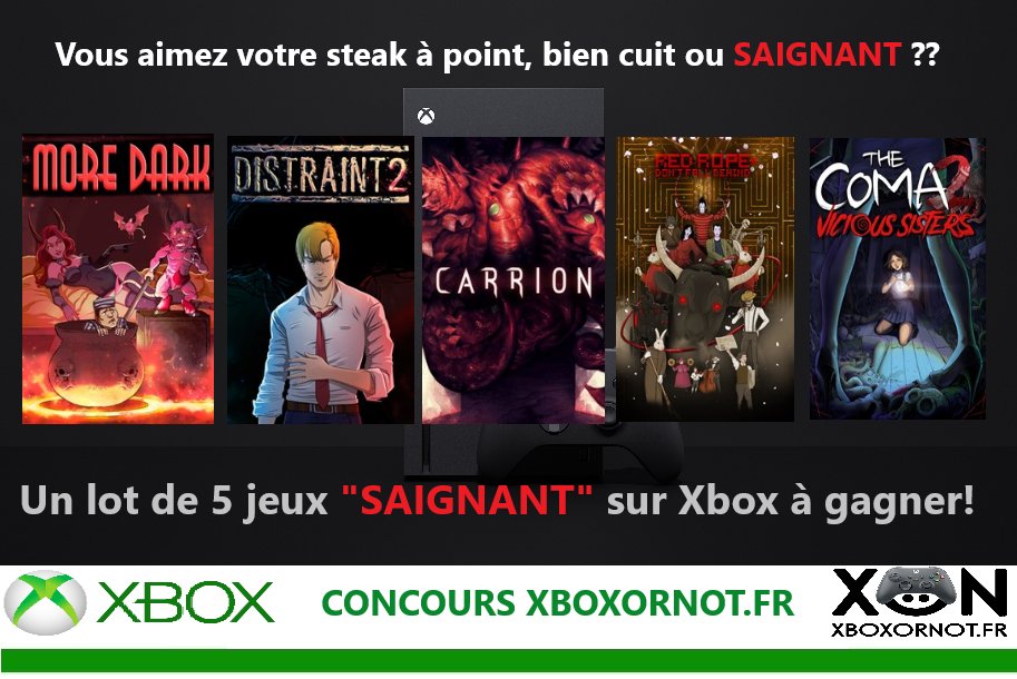 XboxOrNot's tweet photo. 🔥#Concours #Giveaway #XboxOne #XboxSeriesX|S

🎁A gagner : un lot de 5 jeux "PEGI 16/18 où ça saigne bien rouge!" sur #Xbox 🔥

👉Pour participer : RT + Follow @XboxOrNot

🍀TAS le 30 janvier

Bonne chance à tous et n'hésitez pas à partager avec toute la communauté @XboxFR 💚 https://t.co/ZFLxTlHh5m