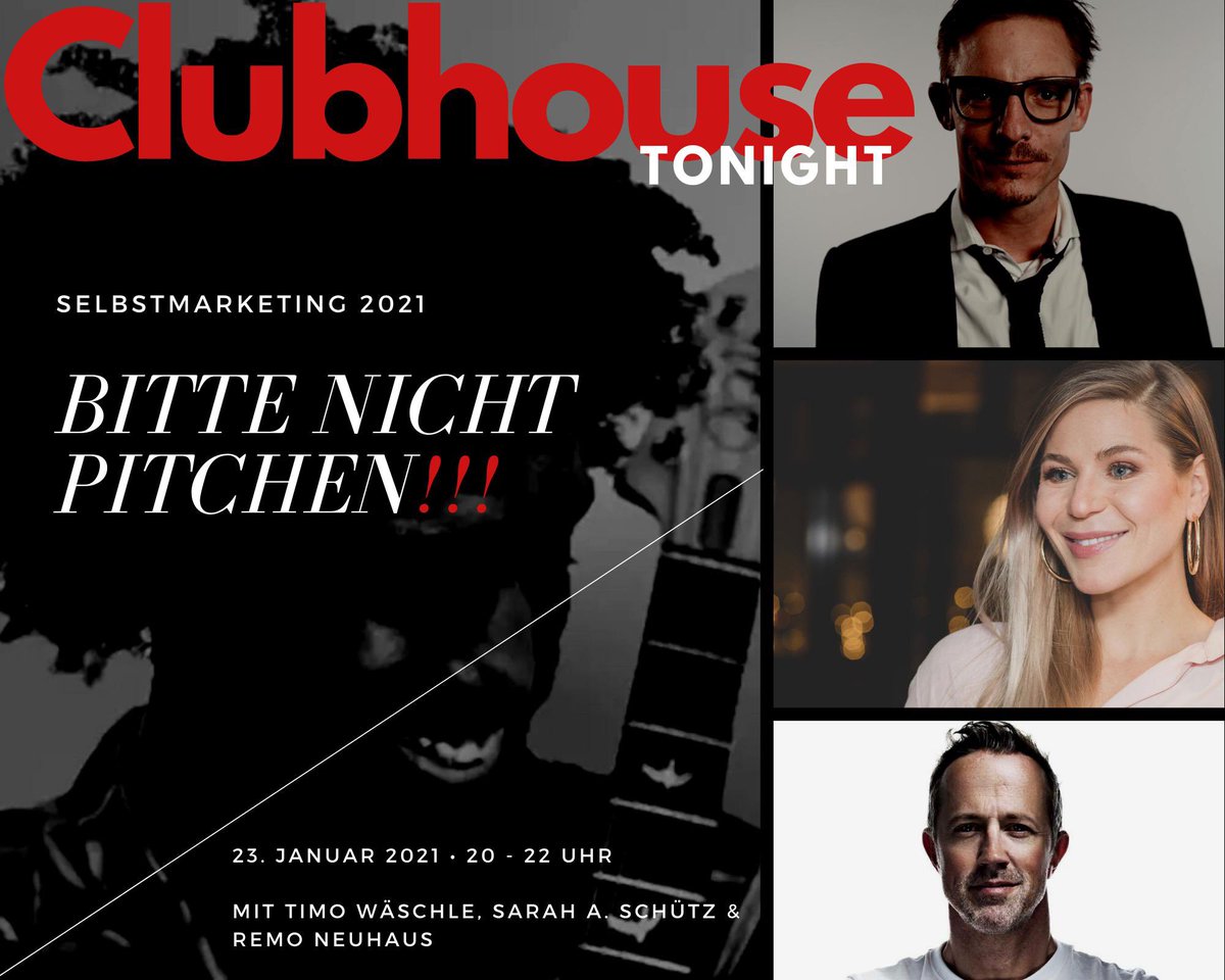„Bitte nicht Pitchen! - Selbstvermarktung 2021“ 
3 Spezialisten, inspirieren, diskutieren und wollen deine Sichtweise hören. Komm heute um 20 Uhr im #Clubhaus dazu. Wir freuen uns