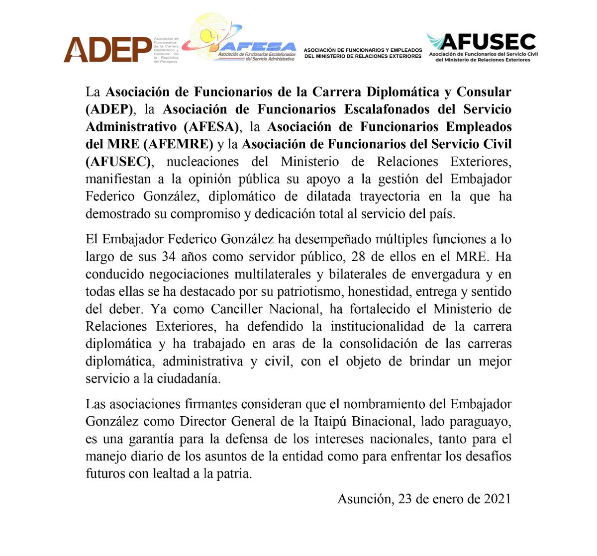 La <a href="/ADEP_Py/">ADEP Paraguay</a> y los demás gremios del <a href="/mreparaguay/">Ministerio de Relaciones Exteriores</a> apoyan las gestiones realizadas por el Embajador <a href="/FedericoA_GF/">Federico A. González</a> y celebran su reciente designación como Director General de <a href="/itaipuparaguay/">ITAIPU Binacional Py</a> garantía para la defensa de los intereses nacionales 🇵🇾