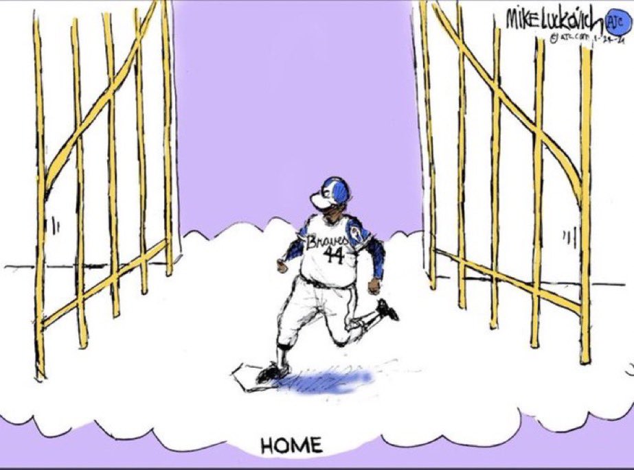 FieldYates's tweet photo. This Hank Aaron cartoon tribute by @mluckovichajc is amazing. https://t.co/d0n3RbYn1K