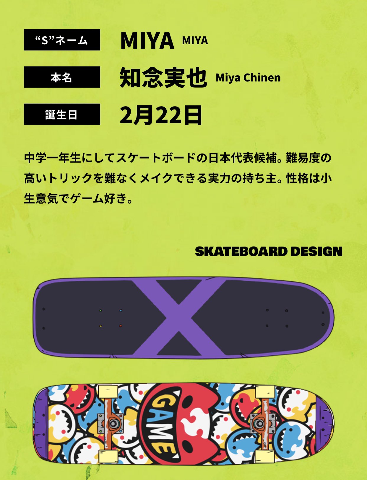 Jさん ( ֊' '֊)🍷✨ on Twitter: "MIYA AKA Chinen Miya birthday: 2/22 bio: a  junior high school first year who is a candidate for the Japanese national  skateboarding team. he's able to