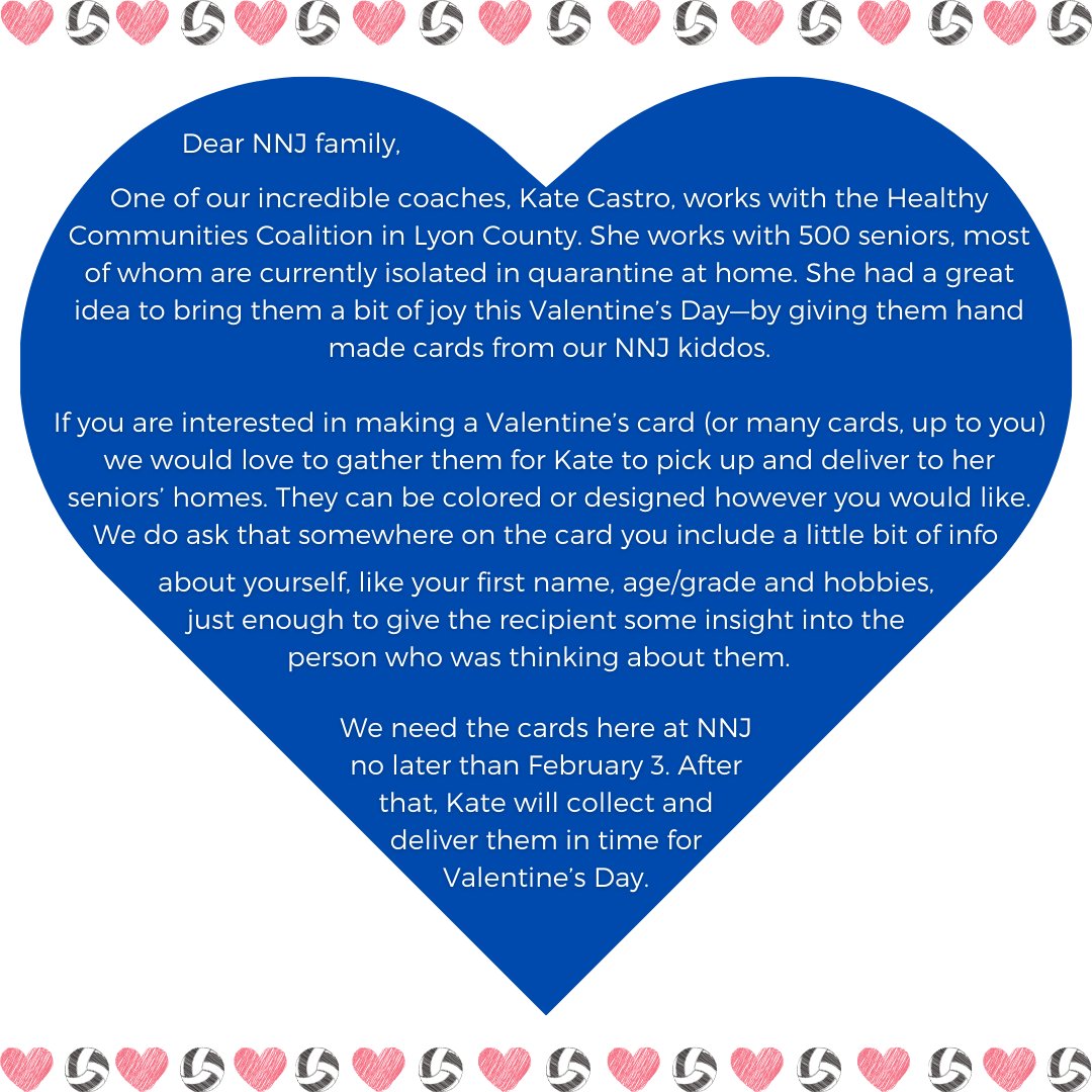 ⚠️ Attention All NNJ Players ⚠️
 
Please submit your cards no later than February 3 and don't forget to include a tid bit of information about yourself.💙
.
.
#nnjvolleyball #valentinesdayproject #healthycommunitiescoalitionnv