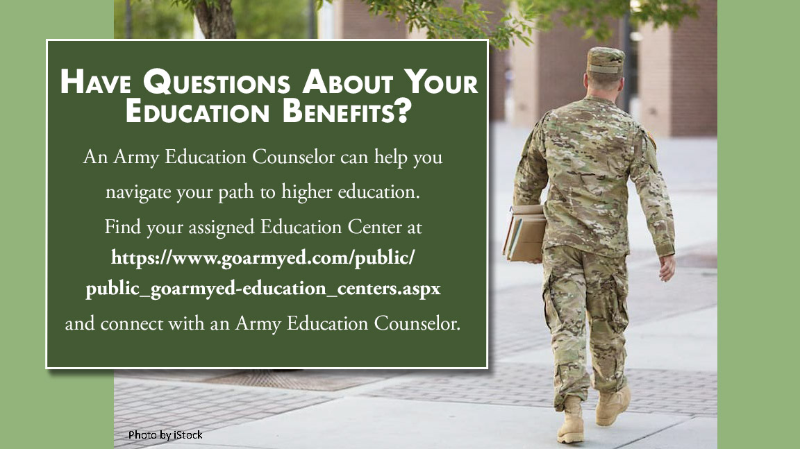 ArmyUniversity's tweet photo. Have Questions About Your Education Benefits?
An Army Education Counselor can help you navigate your path to higher education.
Find your assigned Education Center at https://t.co/mXyrQQ0O8G and connect with an Army Education Counselor.
#ArmyTA #GoArmyEd #TeamArmyU #ArmyUPeople https://t.co/N9cxbtiTpe