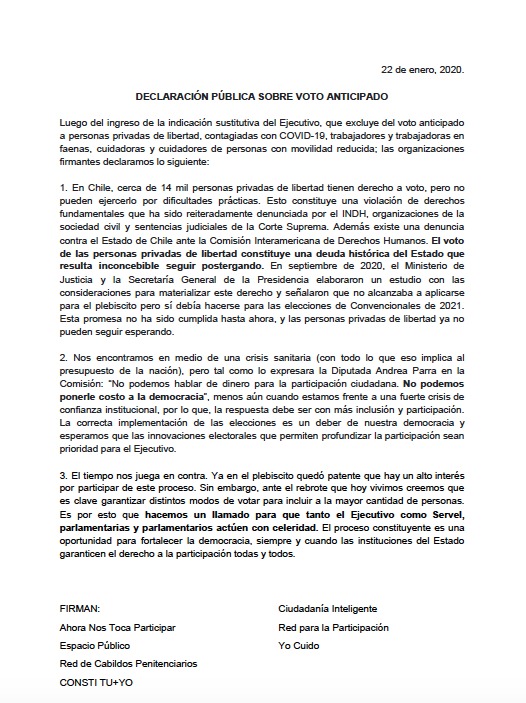 ¡Apóyanos con un RT! A propósito de la indicación sustitutiva del Ejecutivo por el proyecto #VotoAnticipado, desde diversas organizaciones de la sociedad civil compartimos la siguiente declaración: