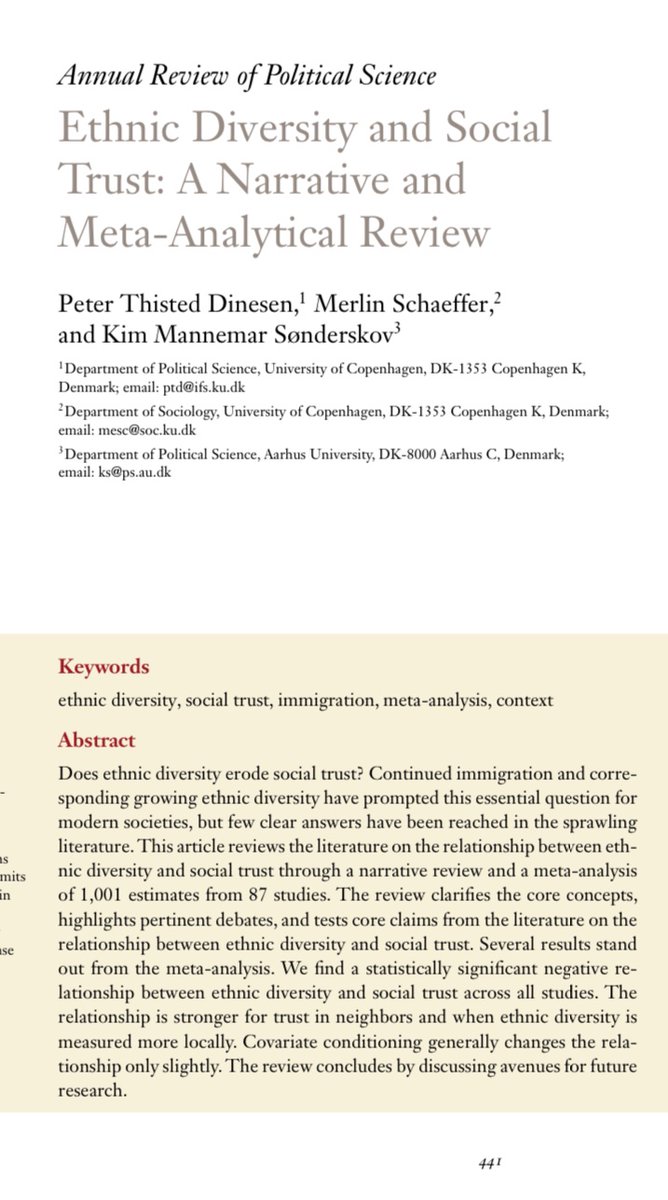 Take this piece of research from the University of Copenhagen for example which looks at whether (what I would describe as) immigration-maximalism/diversity-accelerationism has the potential to reduce levels of social trust in a society https://static-curis.ku.dk/portal/files/241414938/Dinesen_Schaeffer_S_nderskov_ARPS_20.pdf