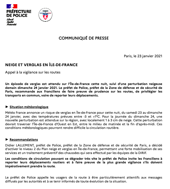 prefpolice's tweet image. ⚠️Un épisode de verglas est attendu sur l’#ÎleDeFrance cette nuit, suivi d'une perturbation neigeuse demain. Le préfet de Police recommande aux Franciliens de faire preuve de prudence sur les routes et de privilégier les transports en commun, voire de reporter leurs déplacements.