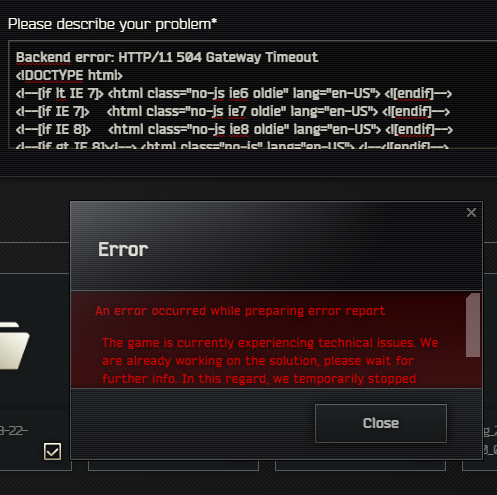 OlafKuusik's tweet photo. @bstategames Nice bug reporting, cannot even log in now nor send bug reports.
#EscapefromTarkov #TarkovRaid https://t.co/if5smEQ9Gf