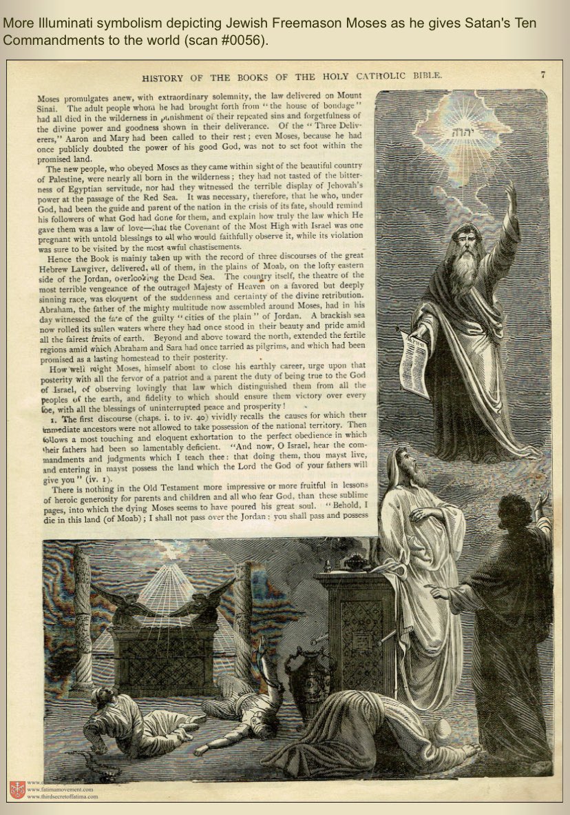 More Illuminati symbolism depicting Jewish Freemason Moses as he gives Satan's Ten Commandments to the world.