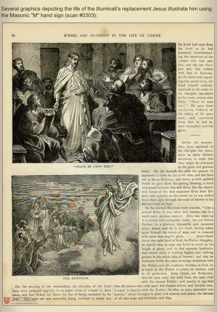 Several graphics depicting the life of the Illuminati's replacement Jesus illustrate him using the Masonic "M" hand sign