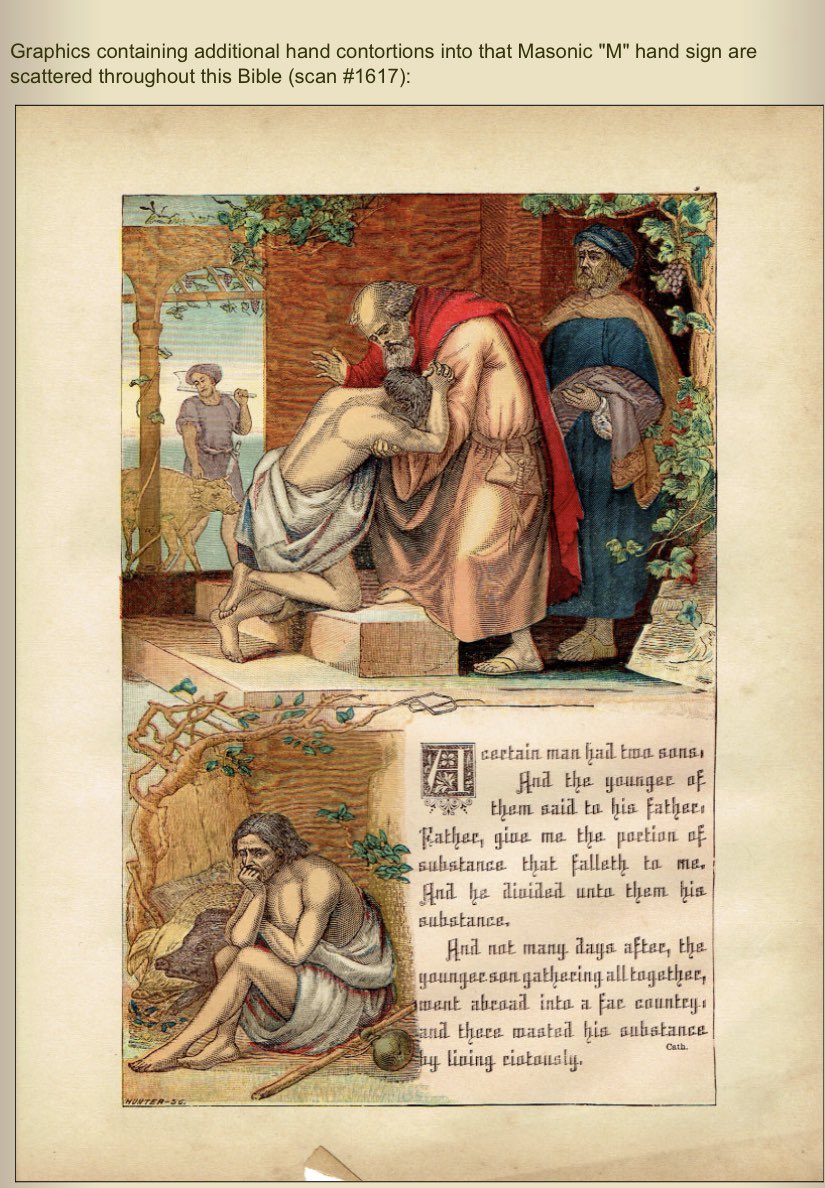 Graphics containing additional hand contortions into that Masonic "M" hand sign are scattered throughout this Bible