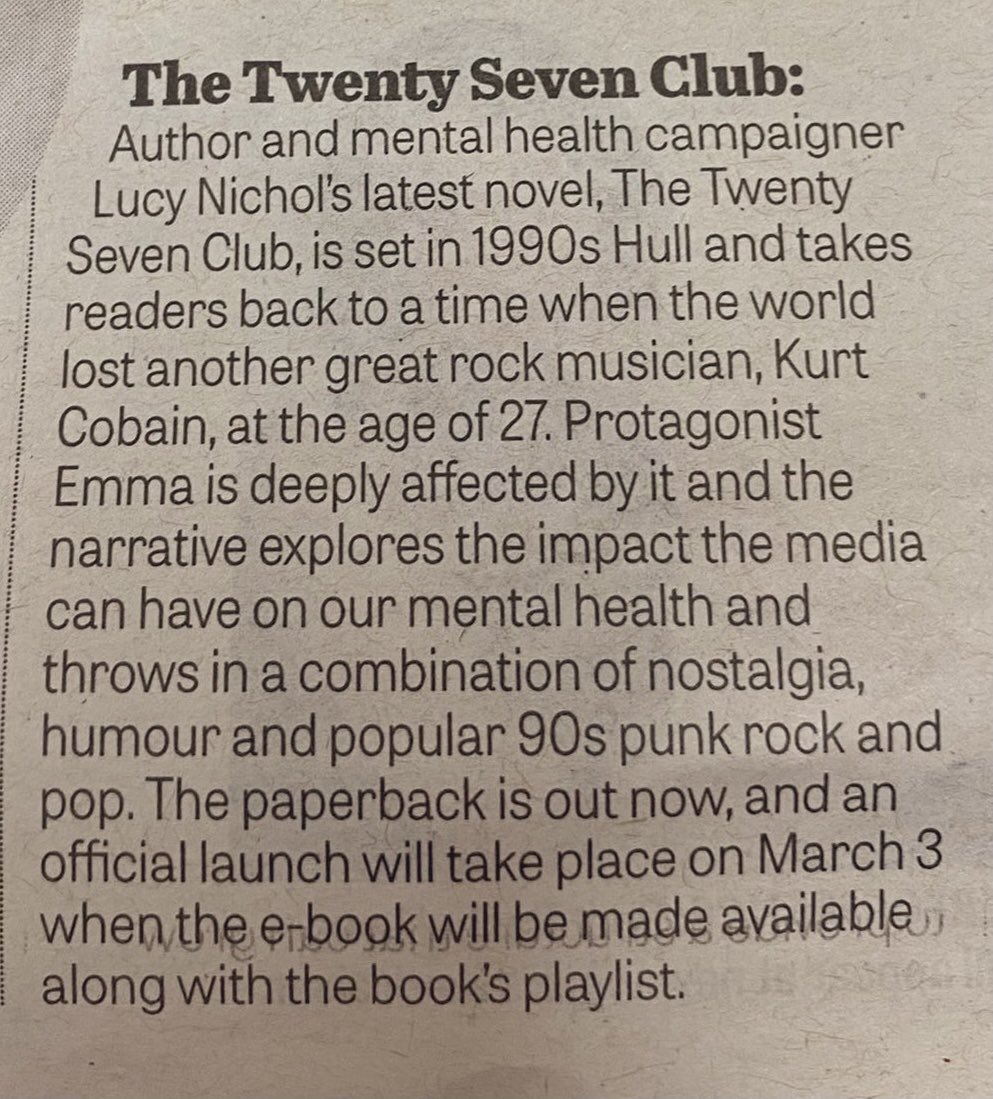 Thanks to <a href="/YvetteHWriter/">Yvette Huddleston</a> <a href="/yorkshirepost/">The Yorkshire Post</a> for featuring THE TWENTY SEVEN CLUB in this week’s culture supplement.

Set in early 90’s Hull, packed full of nostalgia and exploring media and mental health with humour, music, hope and friendship. Order here:

amazon.co.uk/Twenty-Seven-C…