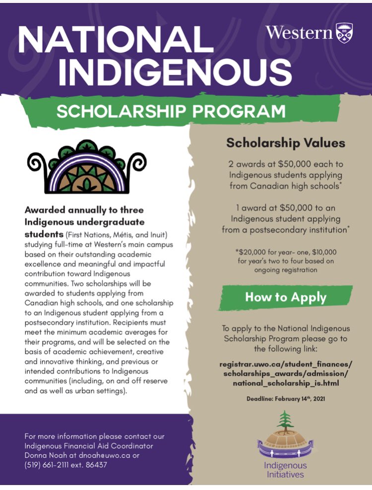 BVHSCounselling's tweet photo. The National Indigenous Scholarship Program is awarded annually to three incoming Indigenous undergraduate students (First Nations, Métis, and Inuit) studying full-time at Western’s main campus based on their outstanding academic excellence. @WesternU  https://t.co/e01dUXaGTe https://t.co/h3g23CiAN0