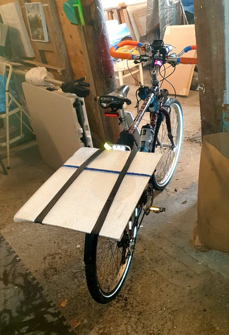 joolzarbuckle's tweet photo. Another reason I like painting on board: makes transportation by bike more likely! Canvas would have needed a strong box to go in, or a trailer. #artlife #artstudio https://t.co/1fUE9Izcvb