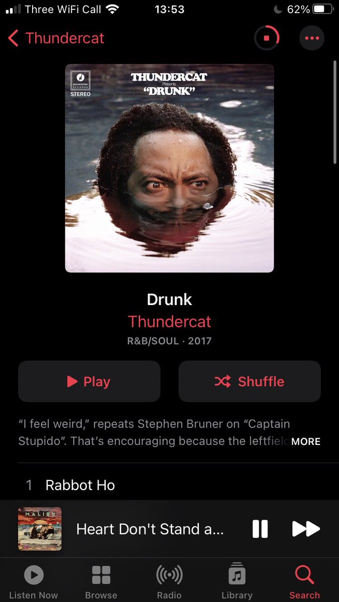 Drunk- ThundercatThundercat is probably as experimental as mainstream R&B gets. Weird looped sound bites and snippets make up for a lot of the beats and the combination of Jazz, Funk and even some soft rock will keep you interested even if you don’t love his left field sound