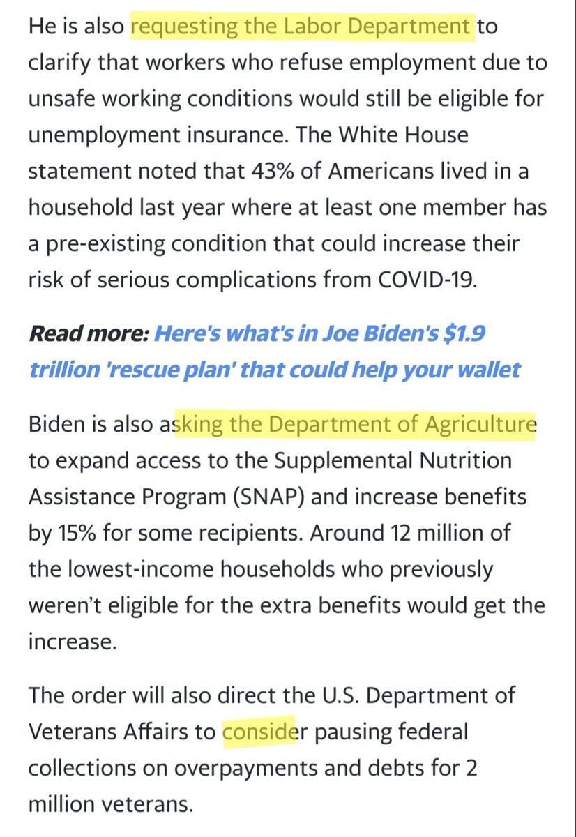 every time you see a headline saying biden is "raising the minimum wage" or "increasing food stamps" remind yourself what he actually is doing is writing a memo politely asking federal agencies to look into it.the headlines are clickbait propaganda.
