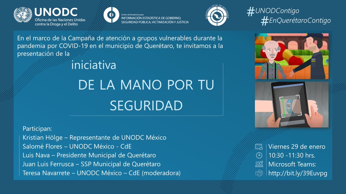 CdE_UNODC's tweet photo. 📌En el marco de la campaña de atención a grupos vulnerables en #Querétaro, el próximo viernes 29 se presentará la iniciativa "De la mano por tu seguridad", que brindará atención especializada a las personas adultas mayores. #UNODContigo
Transmisión ▶️ https://t.co/xR2u4QXSvg https://t.co/cvB7ti58tL