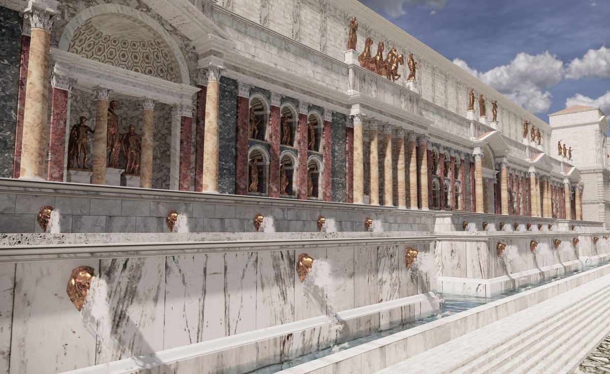 7) The entire 200-metre eastern face of the podium was turned into a lavish nymphaeum, with water fed by a new branch of the Aqua Claudia cascading into four long basins, which then in turn fed the huge artificial lake (stagnum Neronis) at the heart of Nero's palace.  #LostRome