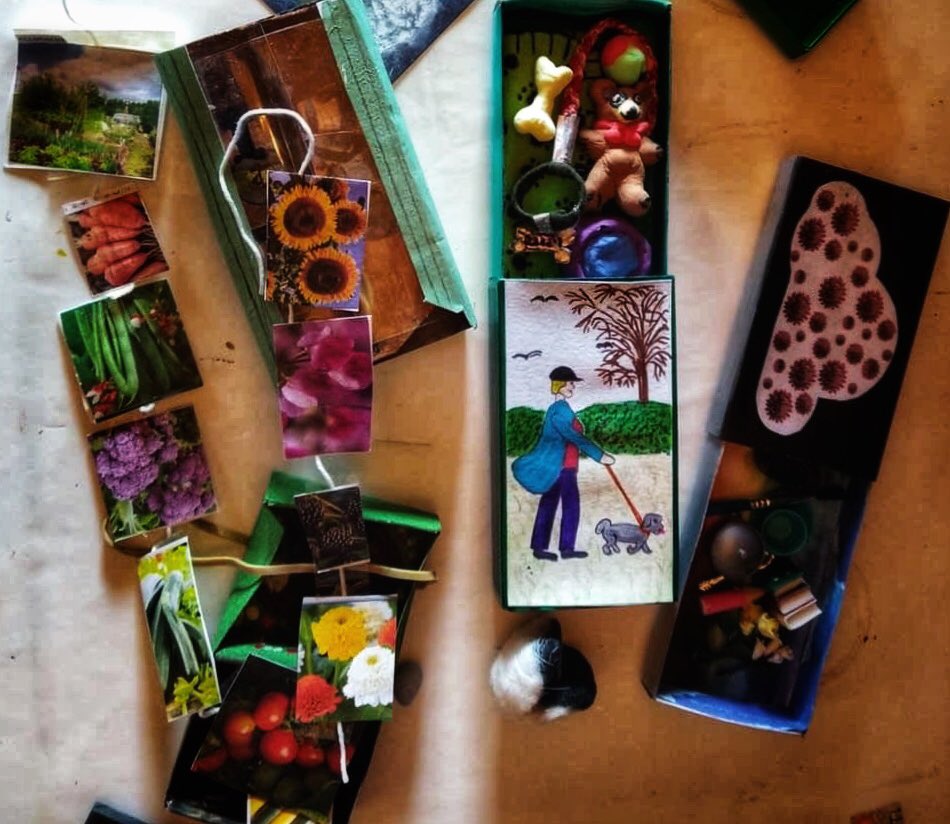 MyArtshack's tweet photo. More matchboxes are arriving now for our #matchboxchallenge #lockdownsurvivalkit I wonder if you can work out what has helped some of our members to stay positive? And what would you put in your matchbox? #art #artcommunity https://t.co/xYeLl5iCXj