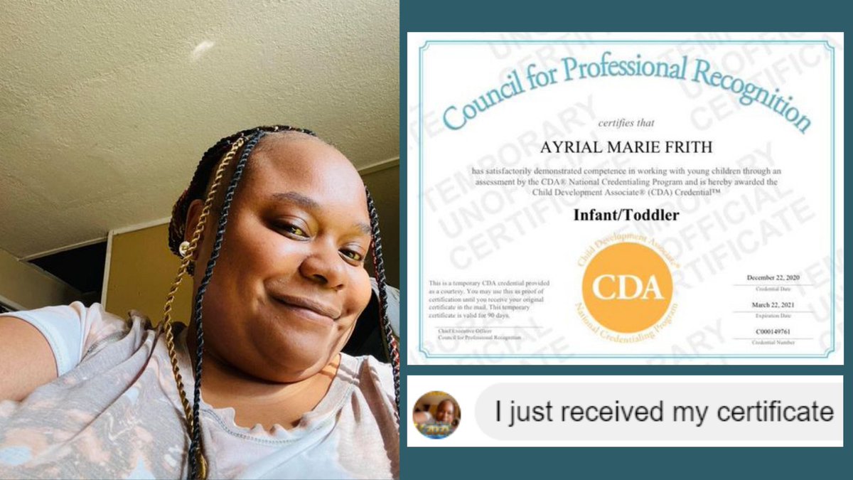cdacouncil's tweet photo. Congratulations, Ayrial, for earning your Infant/Toddler Child Development Associate® (CDA)! 🎉 Please join us in welcoming Ayrial to our CDA community. ⭐ #CDASpotlight https://t.co/a3j1FaDflo