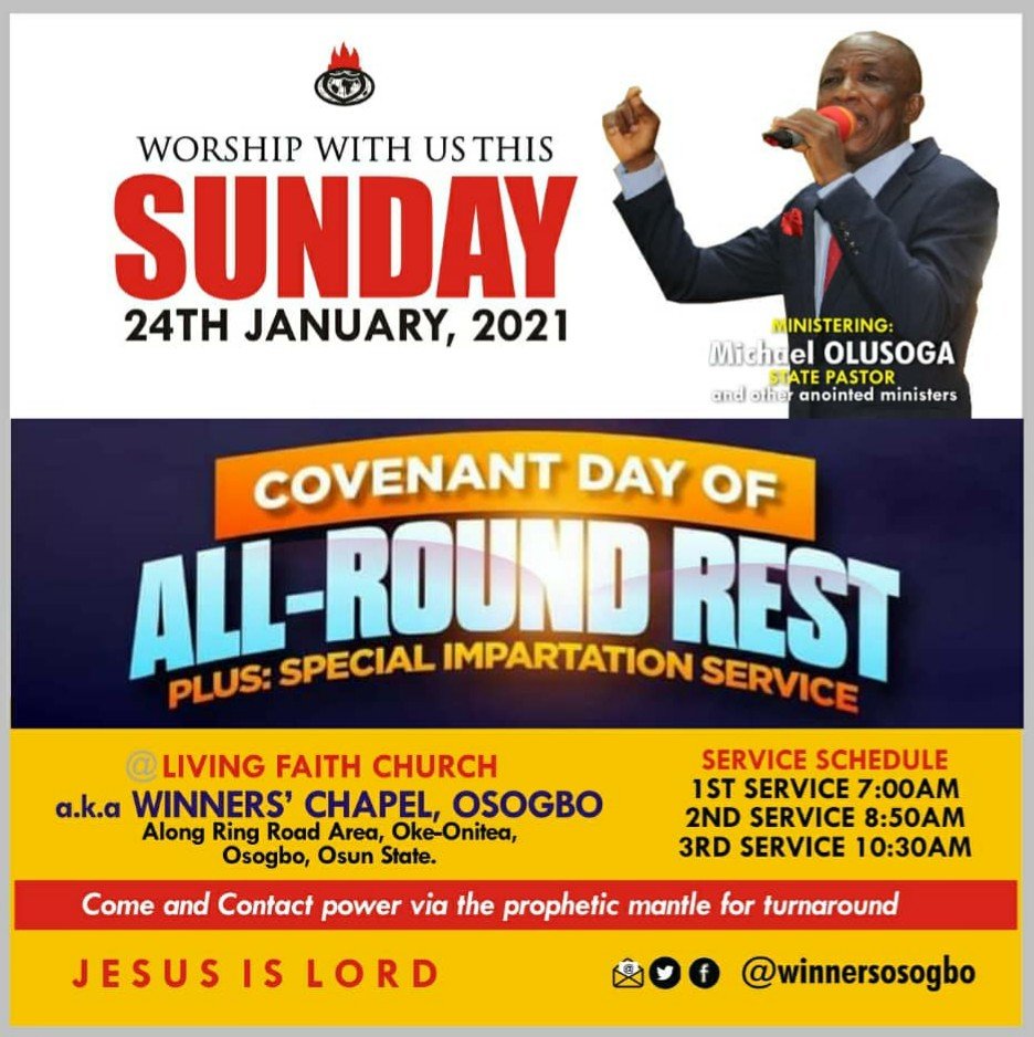 WinnersOsogbo's tweet photo. Join us this Sunday for our Covenant Day of All Round Rest/ Special Impartation Services https://t.co/0d5ZKGXZPm