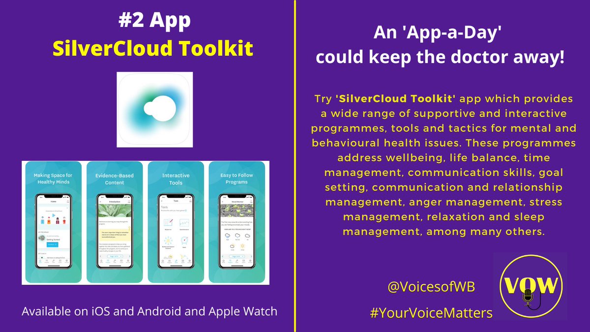Hello to you all from the <a href="/VoicesofWB/">Voices of Wellbeing</a> HQ. We'd like to share our #2AppForWellbeing with you this weekend - 'SilverCloud Toolkit' for iOS, Android and Apple Watch. If you give it a go, do let us know. #YourVoiceMatters