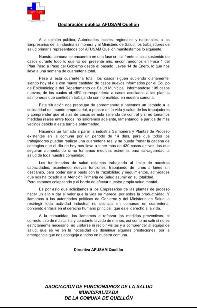 ChiloeFenpruss's tweet photo. Compartimos con ustedes esta declaración pública de AFUSAM Quellón respecto a la crítica situación de salud y el riesgo que corren trabajadores y trabajadoras de la industria del salmón en la comuna.
@seremisalud10 @SaludChiloe @Fenpruss @ConfusamChile
#ParenLasSalmonerasYa https://t.co/1O6JK9fwht