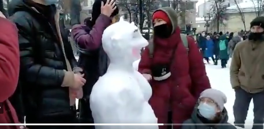 Moscow and St. Petersburg have joined by now. It is 10.20 pm. Massive and peaceful marches first; arrests and police violence at this point. In Moscow, protesters made Putin a snowman and played soccer with a police helmet.